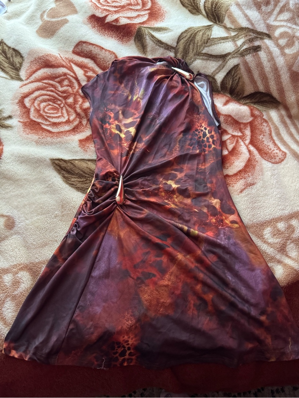 Elegant Sexy Brown Tie Dye Leopard Print Metal Decor Ruched Hem Mini Dress - Picture 5 of 6